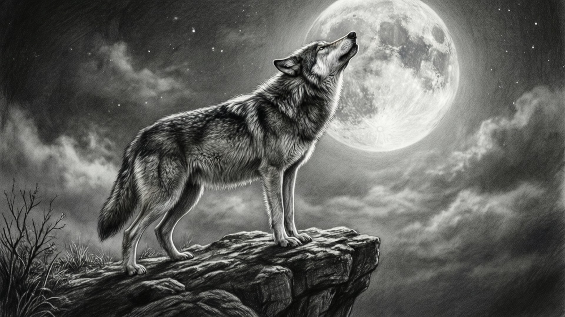 Moonlit Wolf Graphite 壁紙 — 一頭孤狼站在岩石懸崖上，對著滿月嚎叫，背景是繁星點點的夜空。