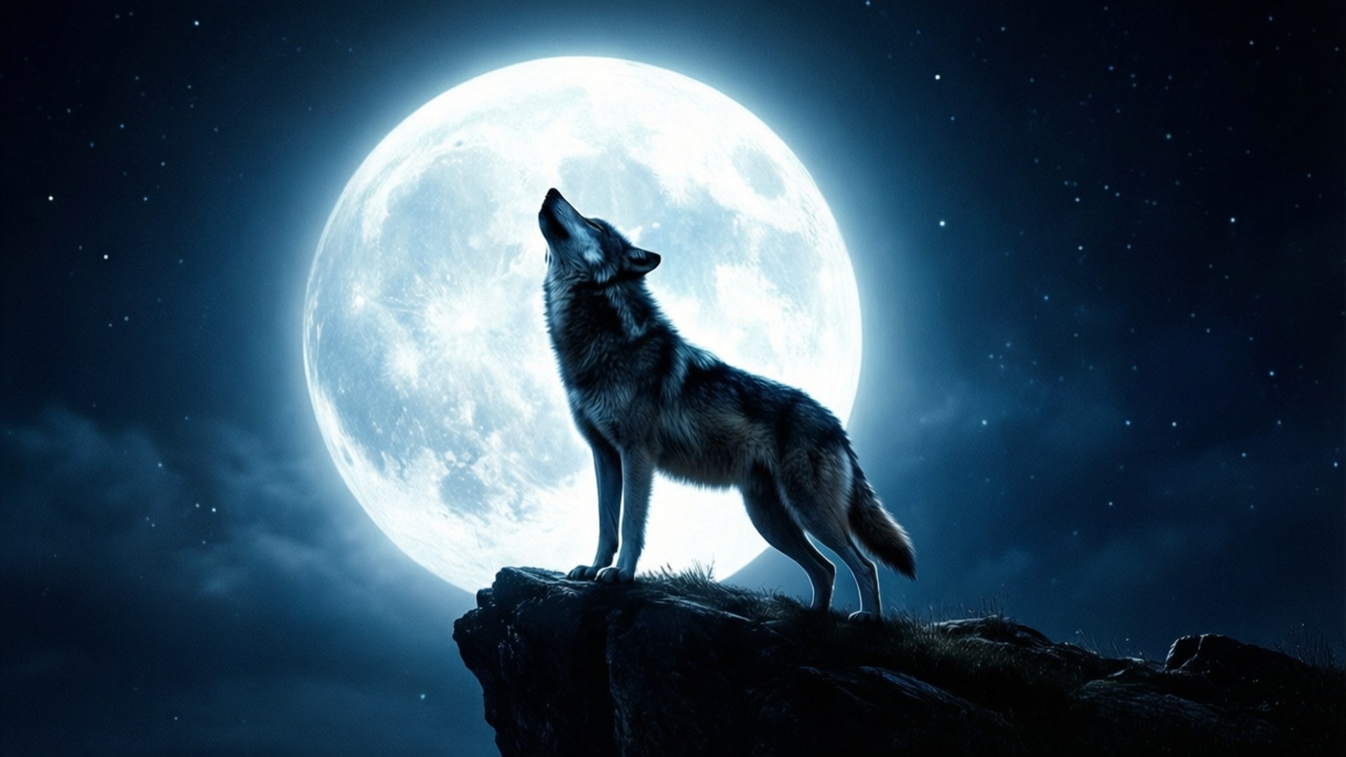 Wolf Howling at Moon 壁紙 — 一匹孤獨的狼站在岩石懸崖頂上，對著一輪巨大發光的滿月嚎叫，背景是繁星點點的夜空。