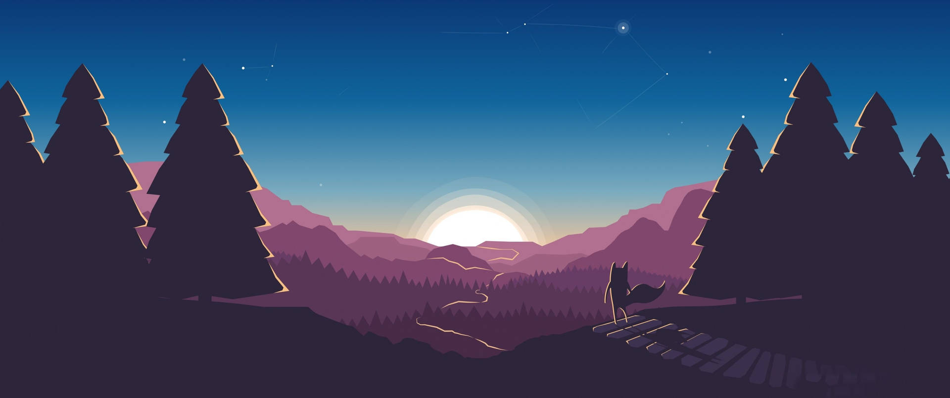 橋上的狼看著發光的太陽落在紫色的山脈和松樹上。 — 3440X1440 壁紙