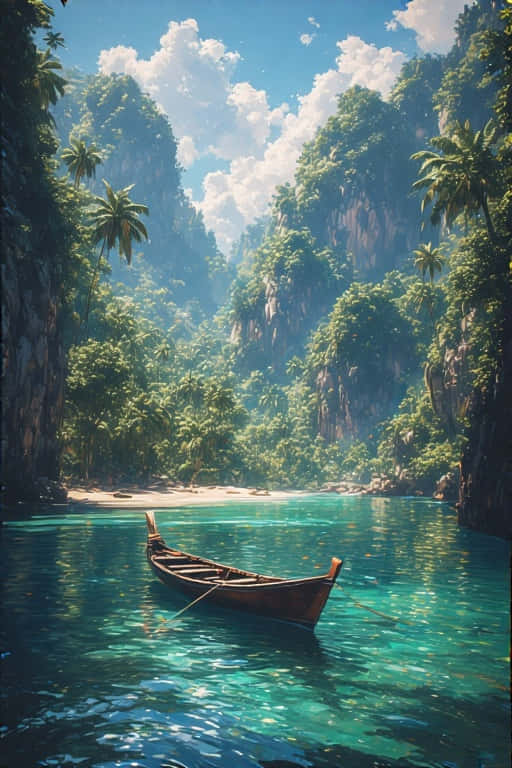 一艘木船停泊在平靜的碧綠海水中，位於一個熱帶海灣，周圍是茂密的綠色懸崖和棕櫚樹。 — 4K 壁紙