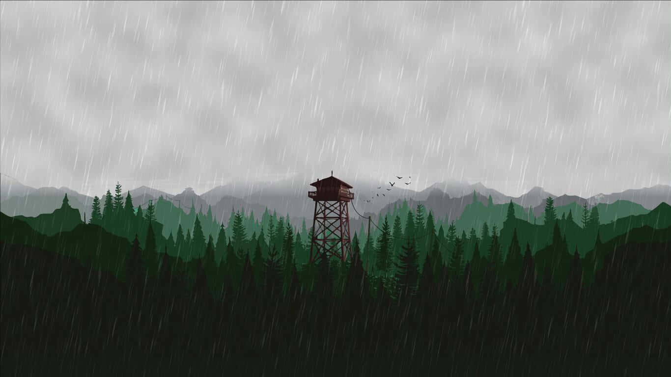 雨中的松樹林裡的一座木製瞭望塔，遠處有山巒。 — 1366X768 壁紙