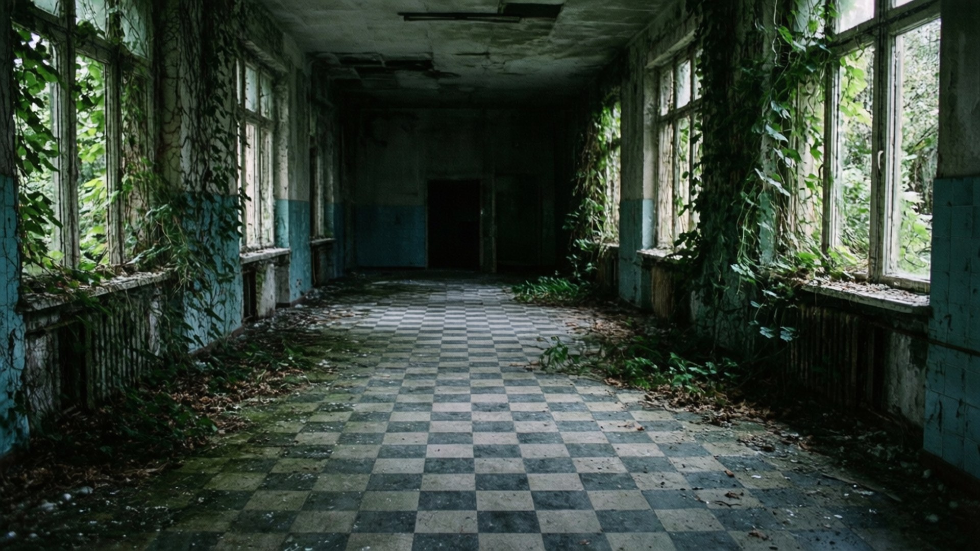 Abandoned Checkered Floor 壁紙 — 一條長長的廢棄走廊，棋盤格地板，常春藤穿過破窗爬進來，讓自然光透入。