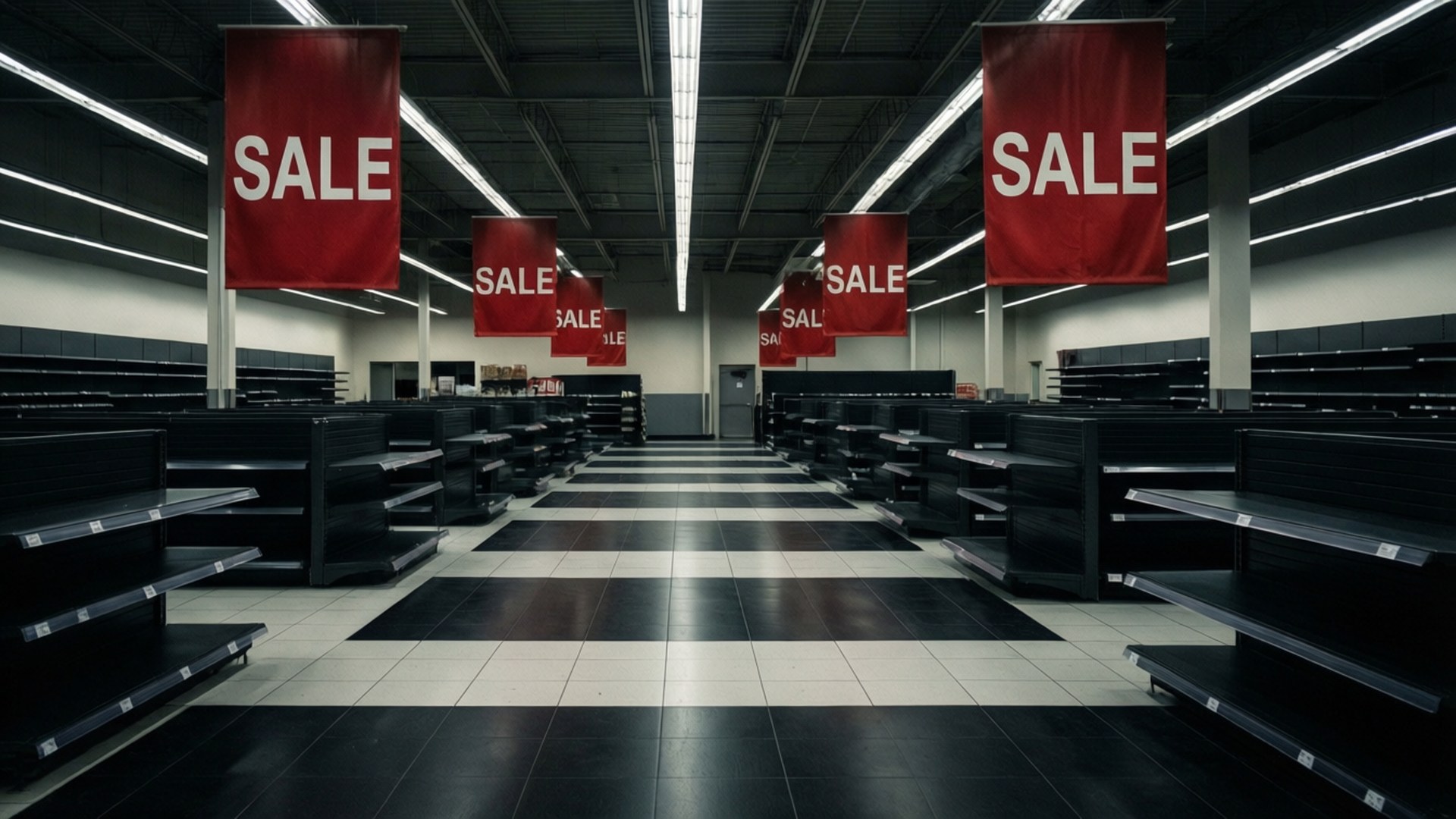 Empty Store Before Rush 壁紙 — 空無一人的超市內一條長長的通道，黑白瓷磚地板，頭頂掛著紅色促銷橫幅。