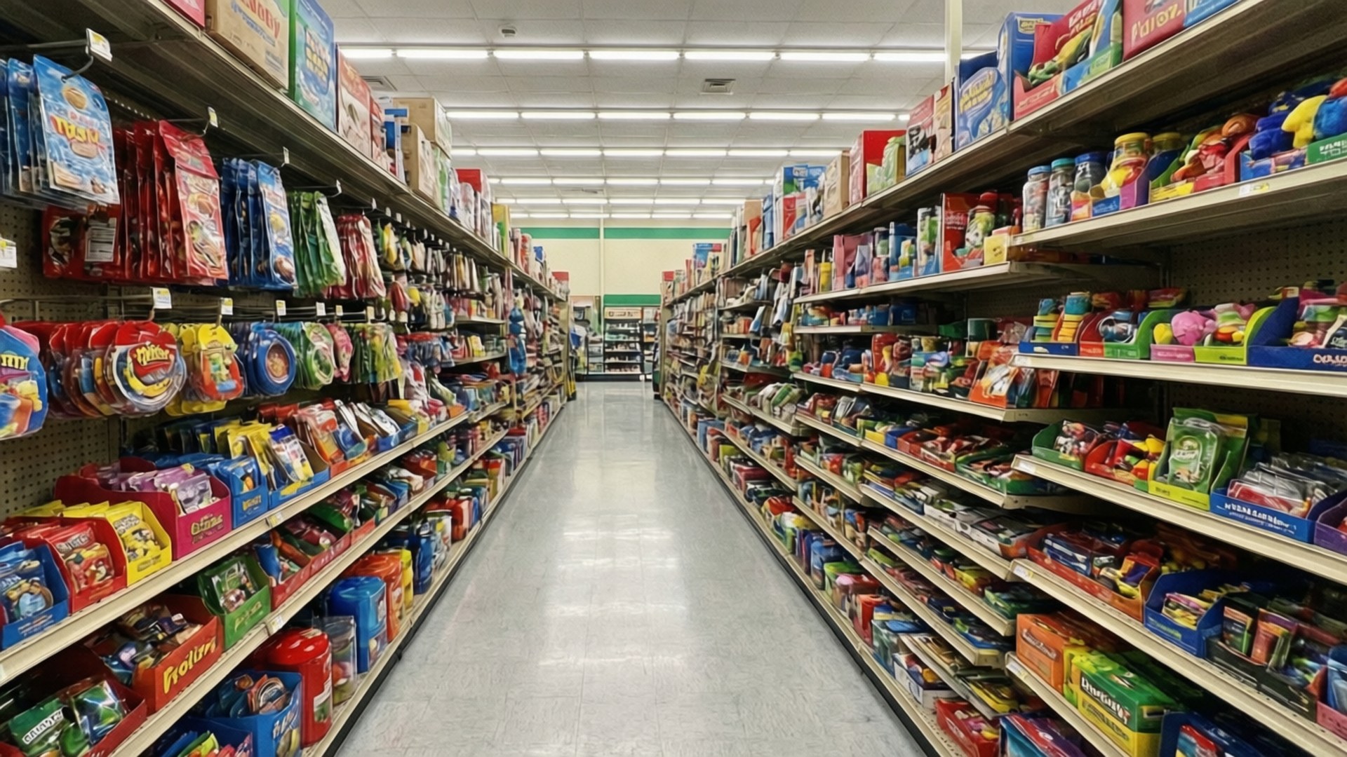 Store Aisle View 壁紙 — 一條長長的、燈光明亮的超市通道，兩側擺滿了色彩繽紛的零食和玩具產品。