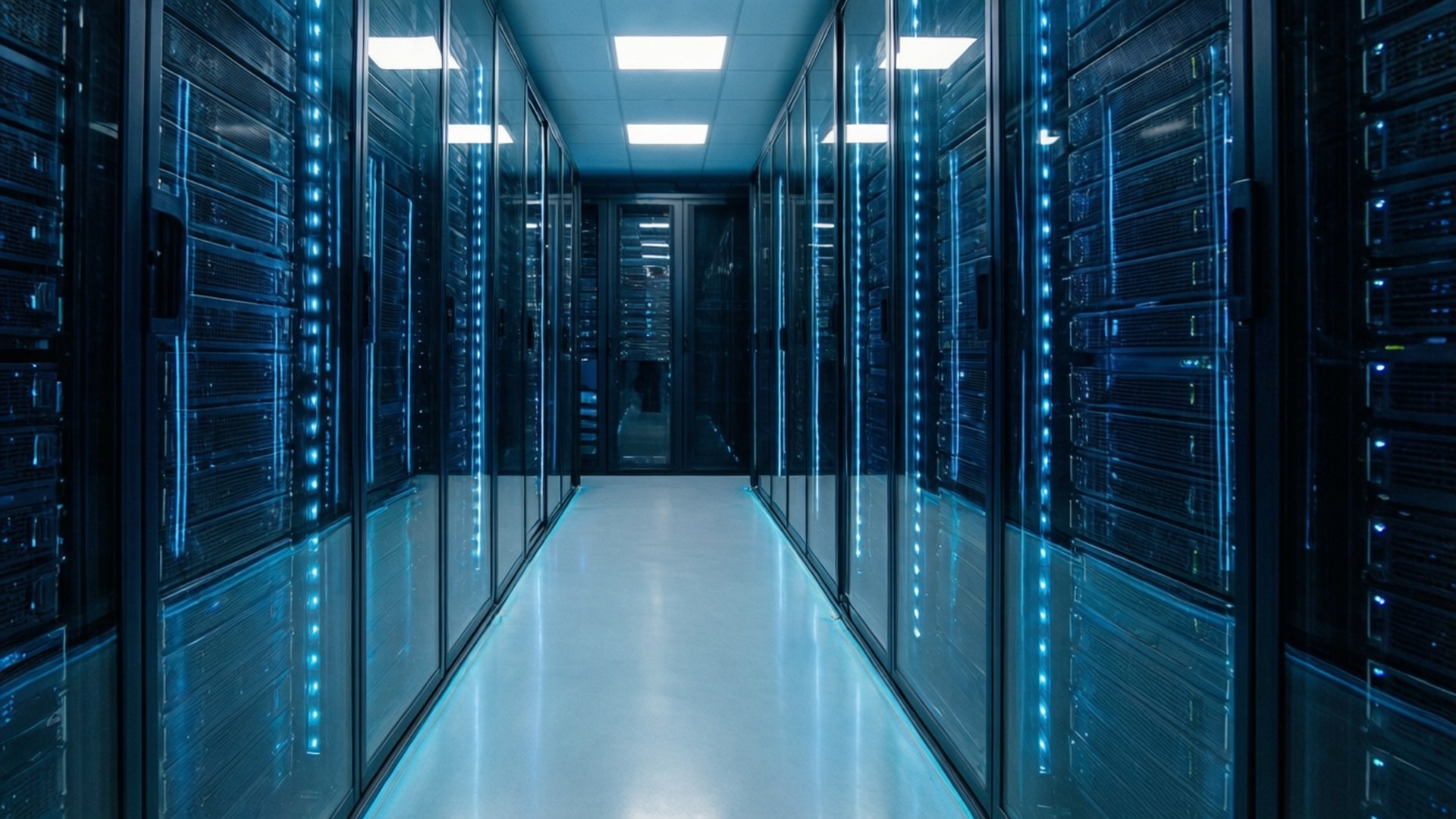 IT Sector 桌布 壁紙 — 一條長長的伺服器機架走廊，帶有發光的藍色燈光，在現代數據中心中延伸至遠方。
