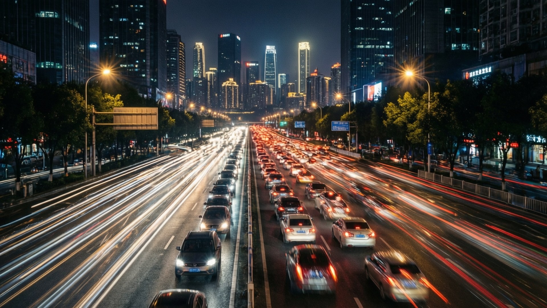 Traffic Light Trails 壁紙 — 長時間曝光拍攝捕捉到夜間繁忙城市高速公路上的汽車燈光流動，背景中高聳的摩天大樓閃閃發光。