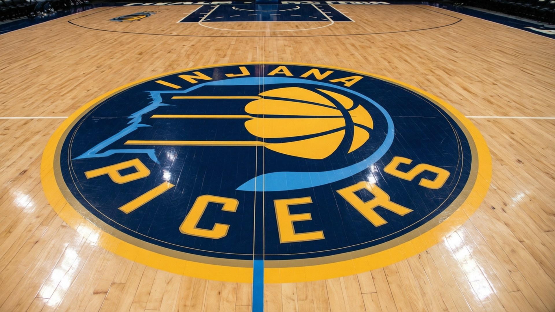 Center Court Logo 壁紙 — 低角度觀看印第安納溜馬標誌置於拋光木質籃球場中央，光線明亮。