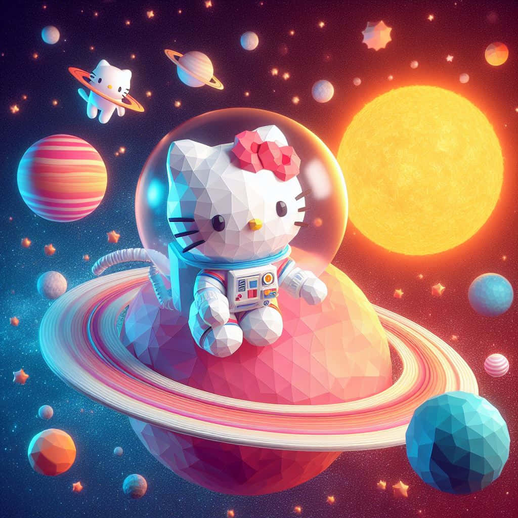  壁紙 — 一個低多邊形Hello Kitty太空人在色彩繽紛的宇宙場景中漂浮，周圍有行星和星星。