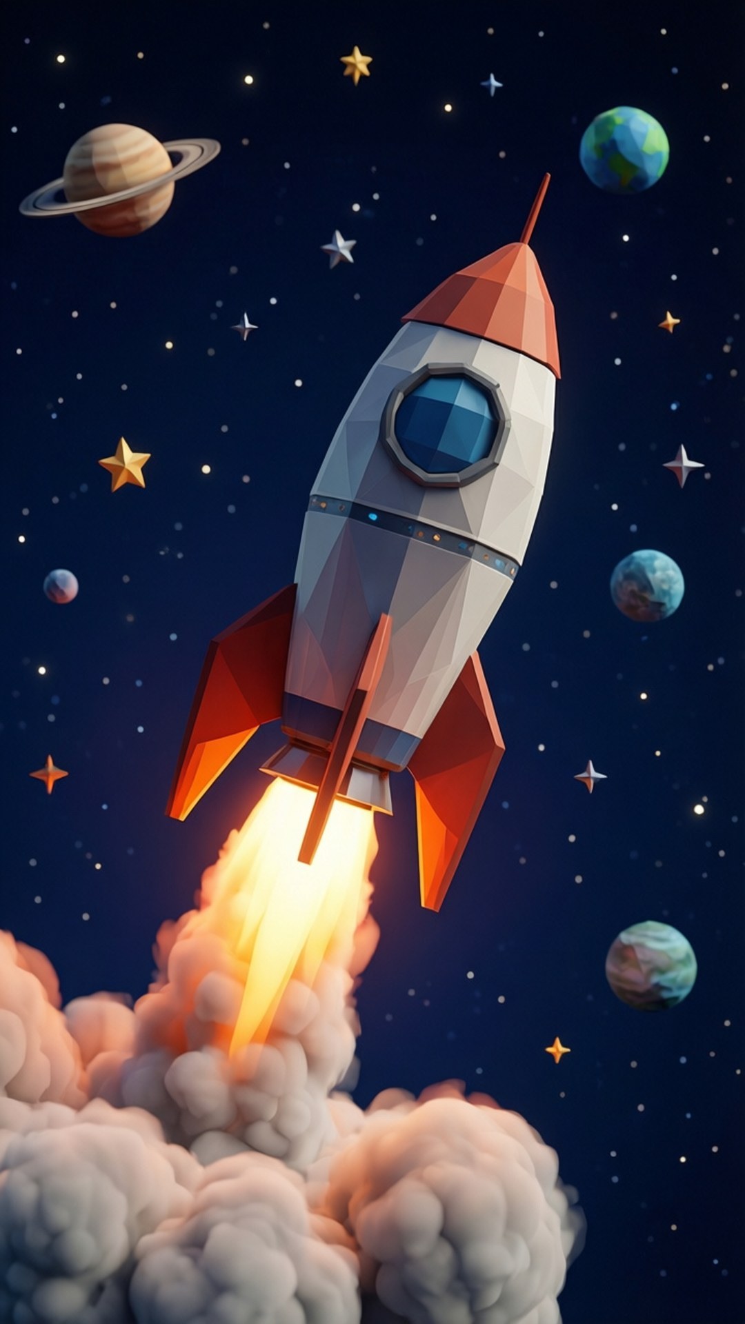 Space Launch 壁紙 — 一枚低多邊形火箭穿過雲層衝入星空，可見土星和地球。