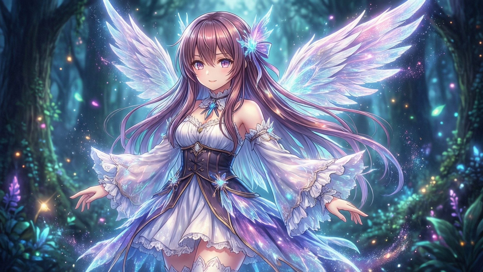 Sylphiette the Fairy 壁紙 — 一位發光的動漫仙子，擁有發光的翅膀和長長的紫色頭髮，優雅地站在充滿閃爍燈光的神秘森林中。