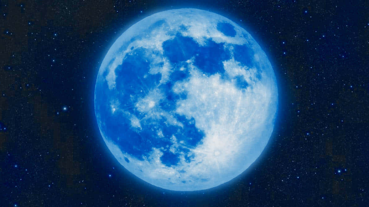  壁紙 — 一輪明亮的藍色月亮在繁星點點的夜空中發光，微妙的宇宙塵埃在其邊緣盤旋。