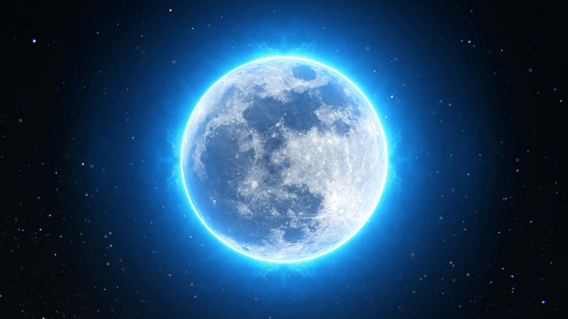  壁紙 — 一輪明亮的藍色月亮在繁星點點的宇宙背景下發出電能般的光芒。