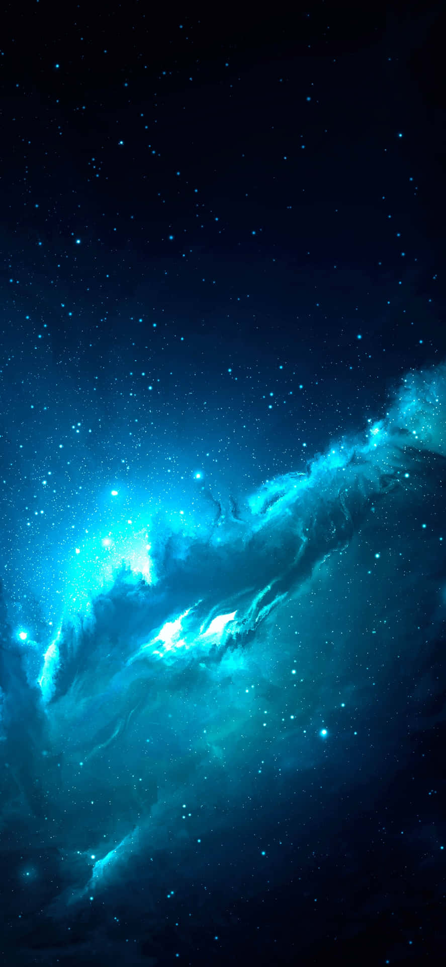  壁紙 — 一團明亮的藍色星雲在深空星場中旋轉，帶有發光的宇宙塵埃和散落的星星。