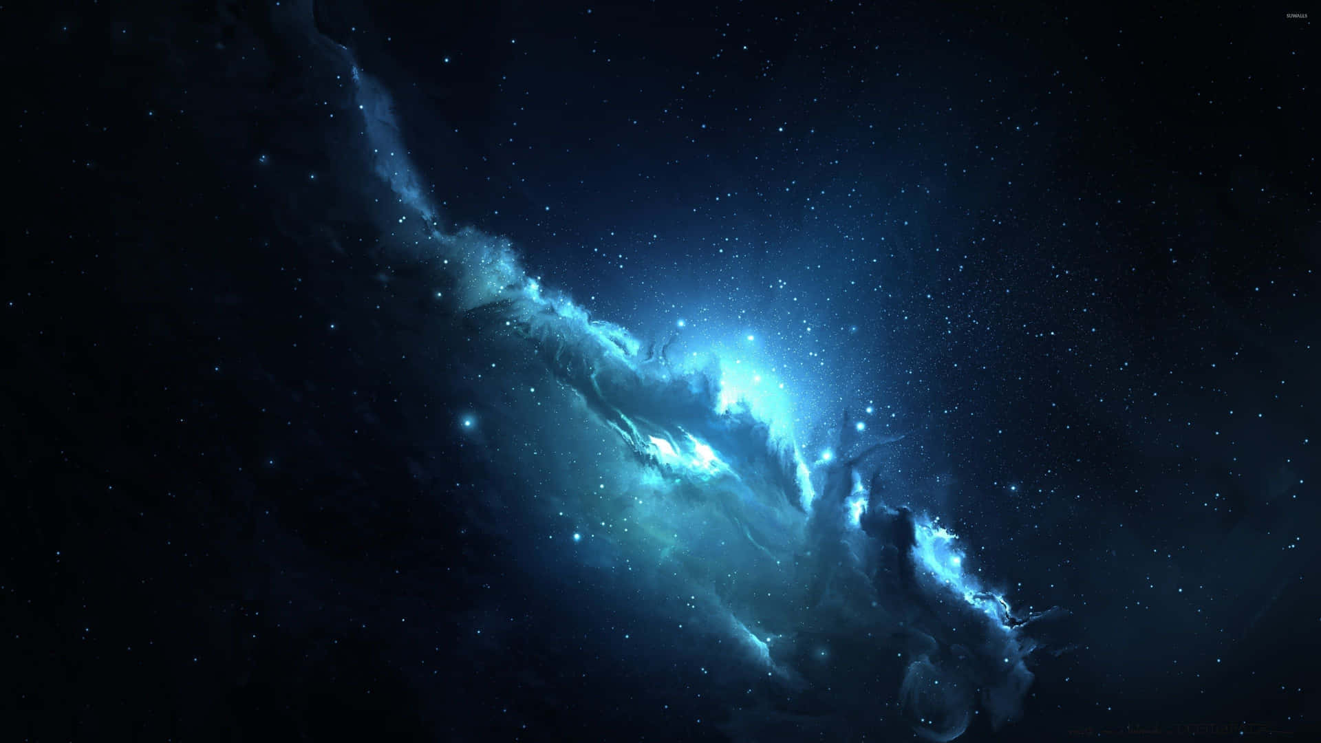  壁紙 — 一道明亮的藍色星雲在點綴著無數閃爍星辰的黑暗宇宙中旋轉。
