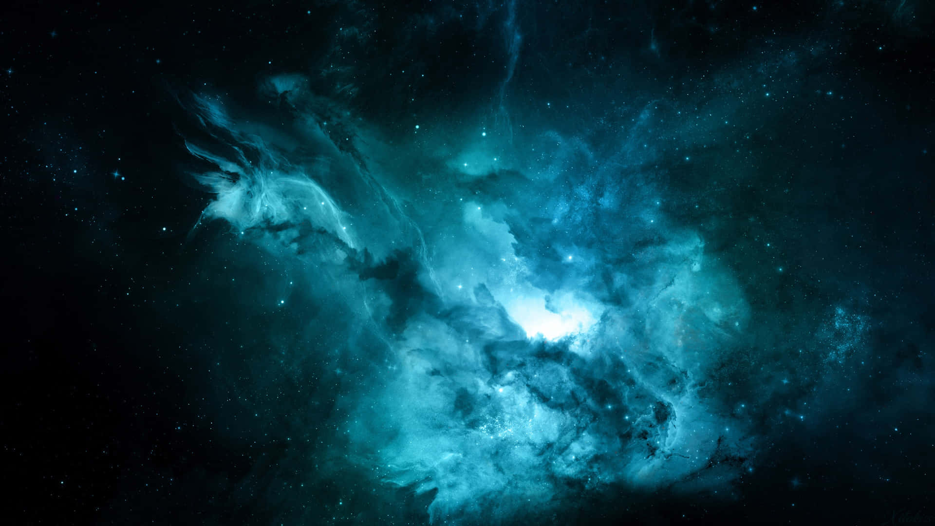  壁紙 — 一個發光的藍色星雲在深邃的黑色宇宙虛空中旋轉，伴隨著發光的氣體和散落的星星。