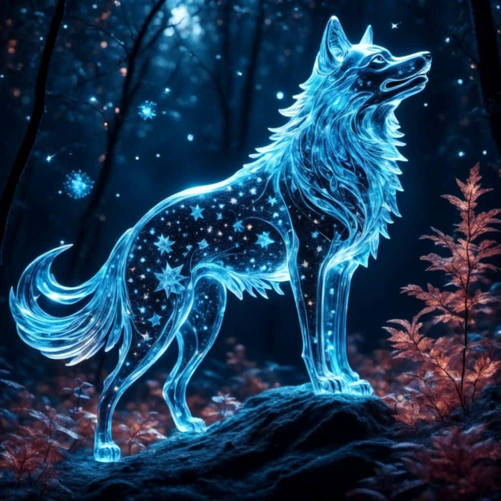  壁紙 — 一頭閃耀藍色、飾有星星的狼在星空下的神秘森林中警覺地站立。