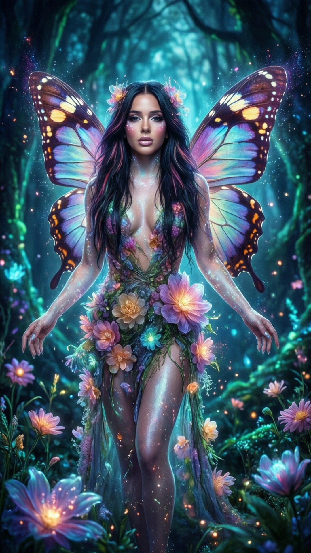 Ethereal Fantasy 壁紙 — 一位發光的仙女，擁有彩虹色的蝴蝶翅膀和花卉長袍，站在神秘暮光森林中發光的花朵之間。