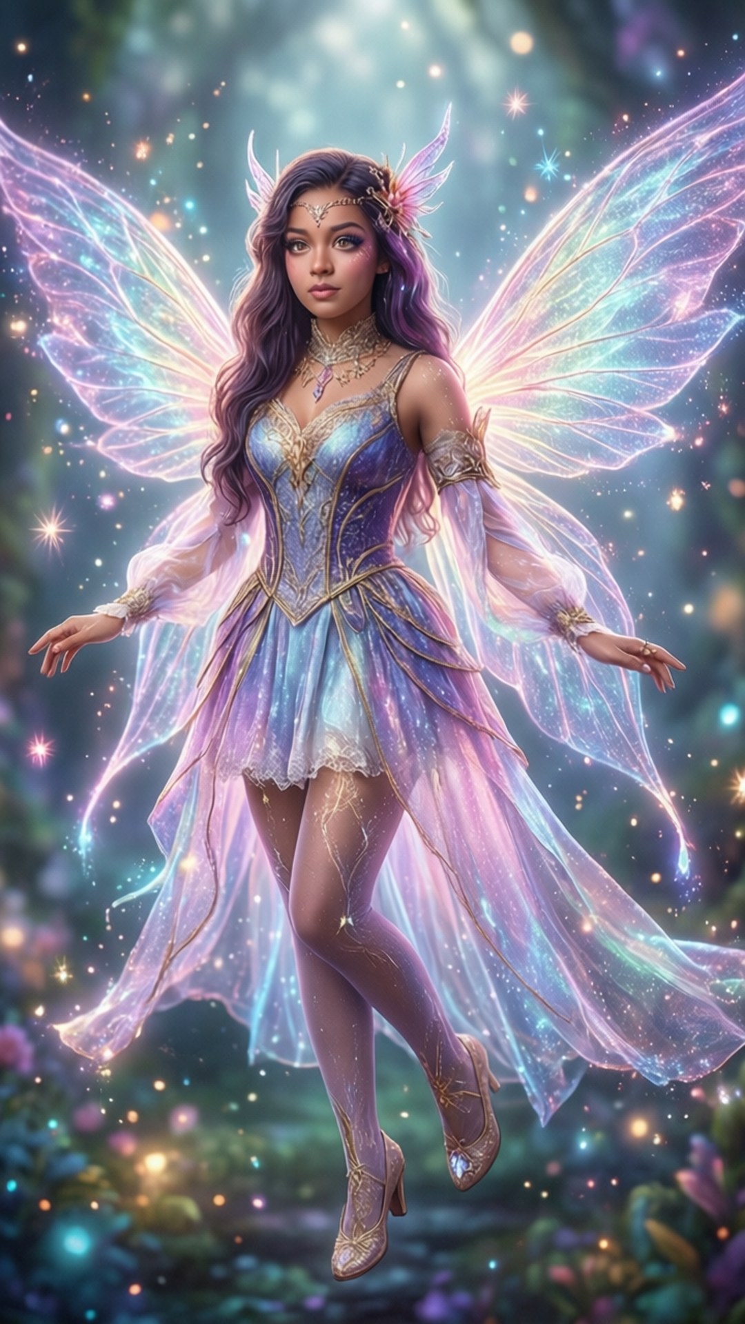 Enchantix Fairy Glow 壁紙 — 一位發光的仙子，擁有彩虹色的翅膀，漂浮在閃爍的星星和魔法森林的樹葉之間。