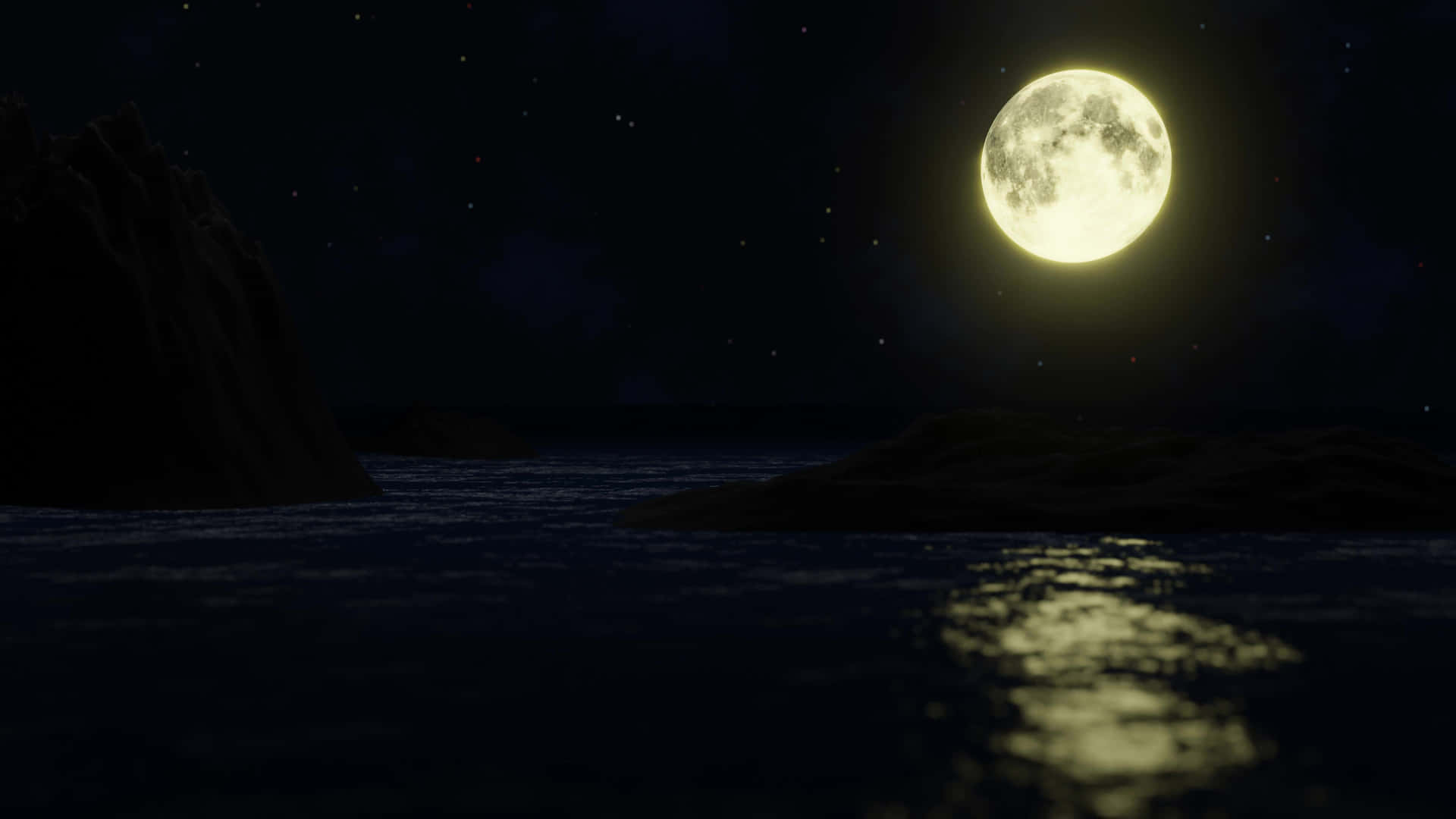 滿月映照在夜晚平靜的海水上，有岩石露頭和星星 — 3D 壁紙