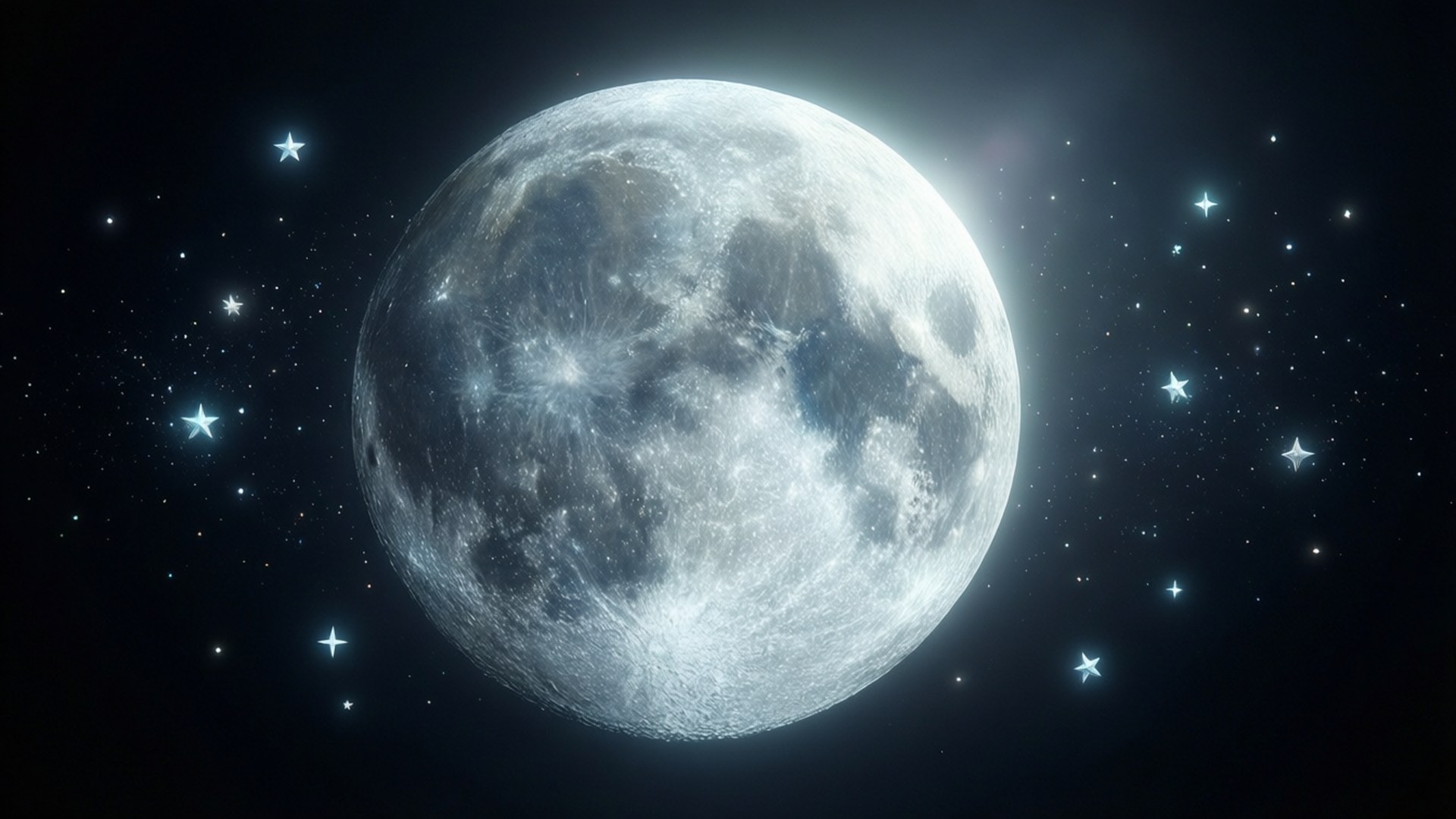 3D Moon Void 壁紙 — 一輪明亮的滿月主宰著繁星點點的夜空，藍色發光的星星散落在深邃的黑色虛空中。