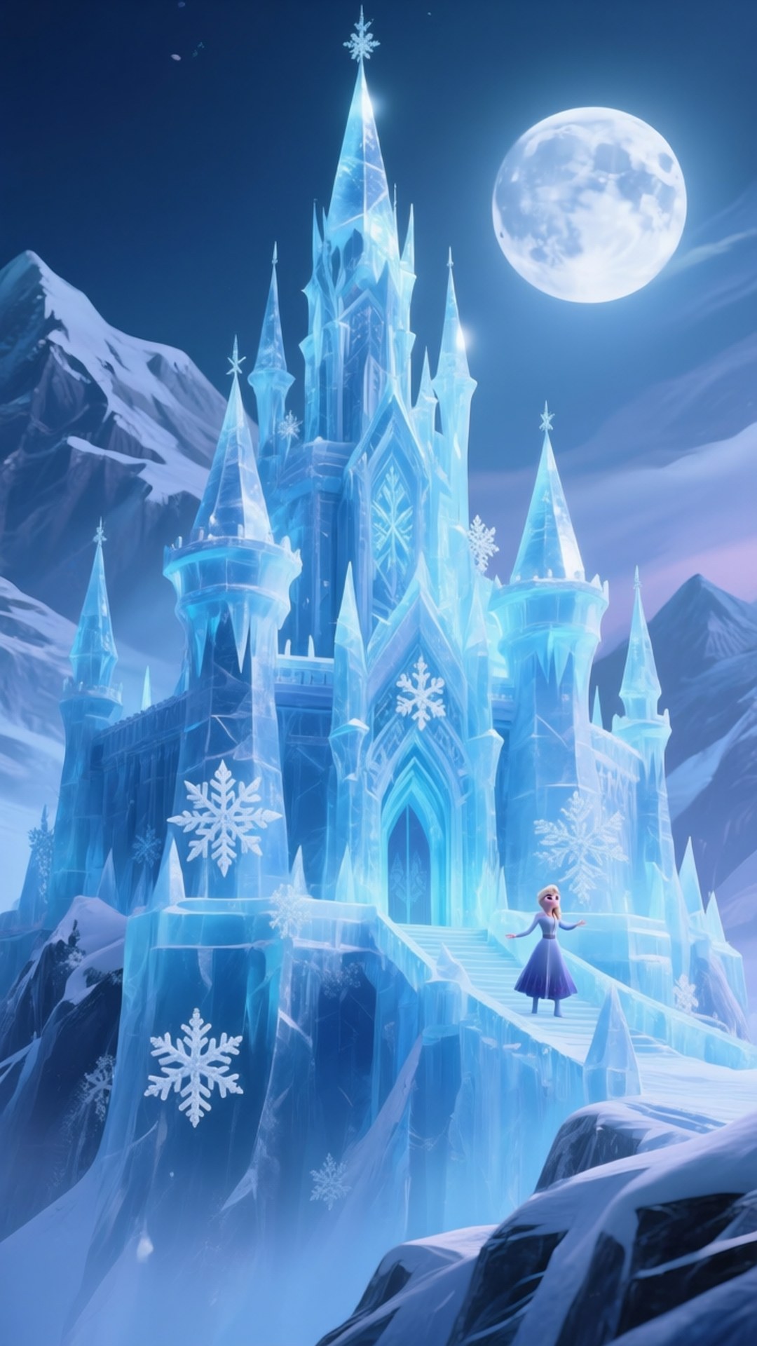 Elsa's Ice Castle Reborn 壁紙 — 一座發光的冰城堡，帶有精緻的雪花雕刻，在滿月下閃耀，一位公主站在其冰凍的台階上。