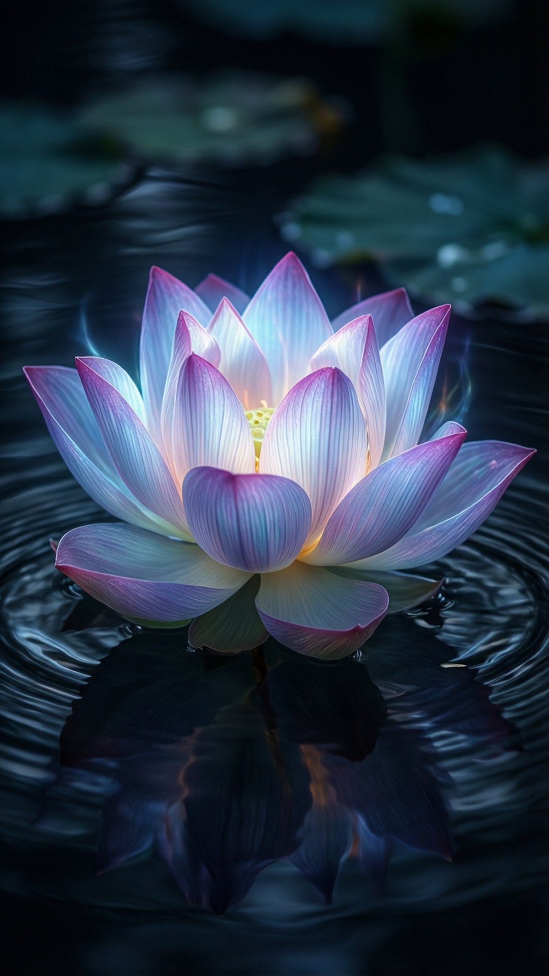 Glowing Lotus 壁紙 — 一朵發光的紫白色蓮花在黑暗的水面上綻放，帶有漣漪和荷葉倒影。