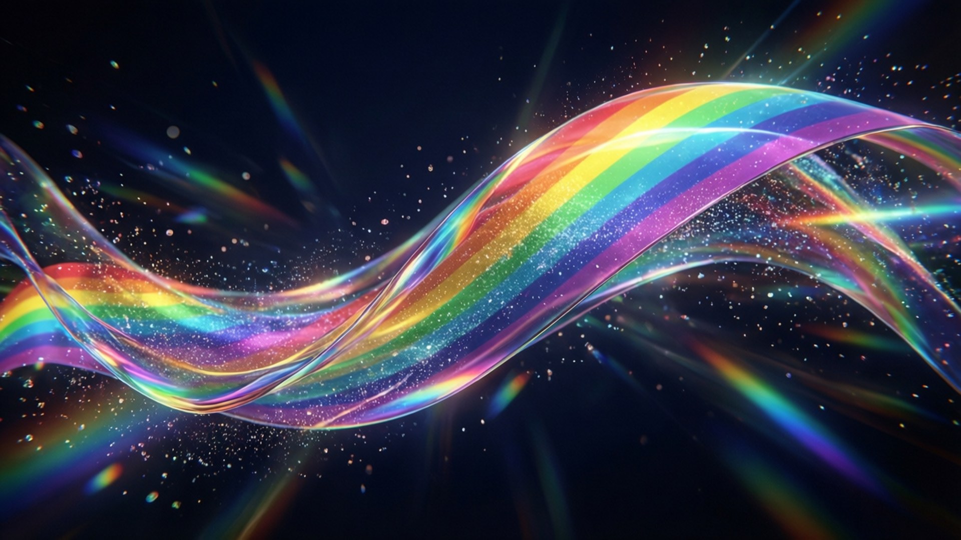 Prismatic Pride Flow 壁紙 — 一條發光的彩虹色絲帶優雅地流過一個佈滿星星的宇宙虛空，帶有閃爍的粒子。