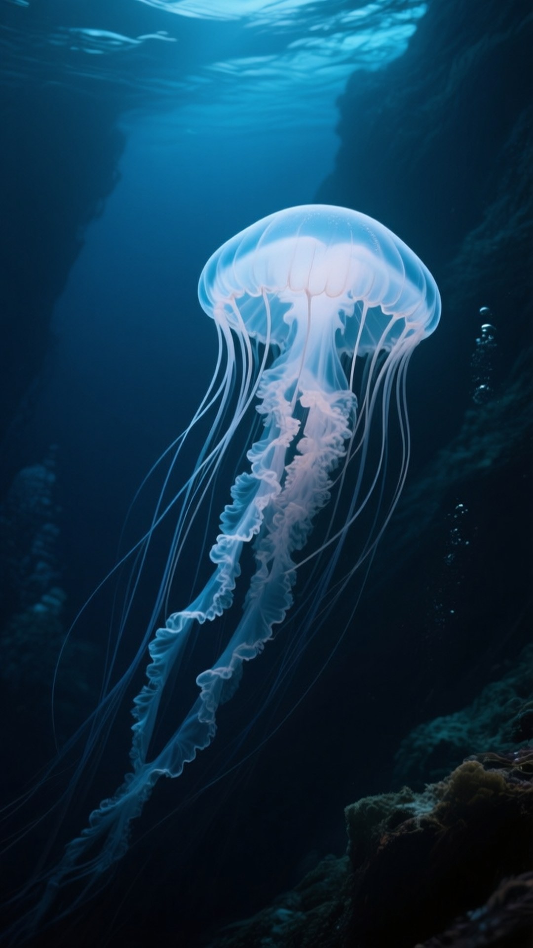 Abyssal Jellyfish 壁紙 — 一隻發光半透明的水母在深藍色海水靠近岩石結構處優雅地滑行。