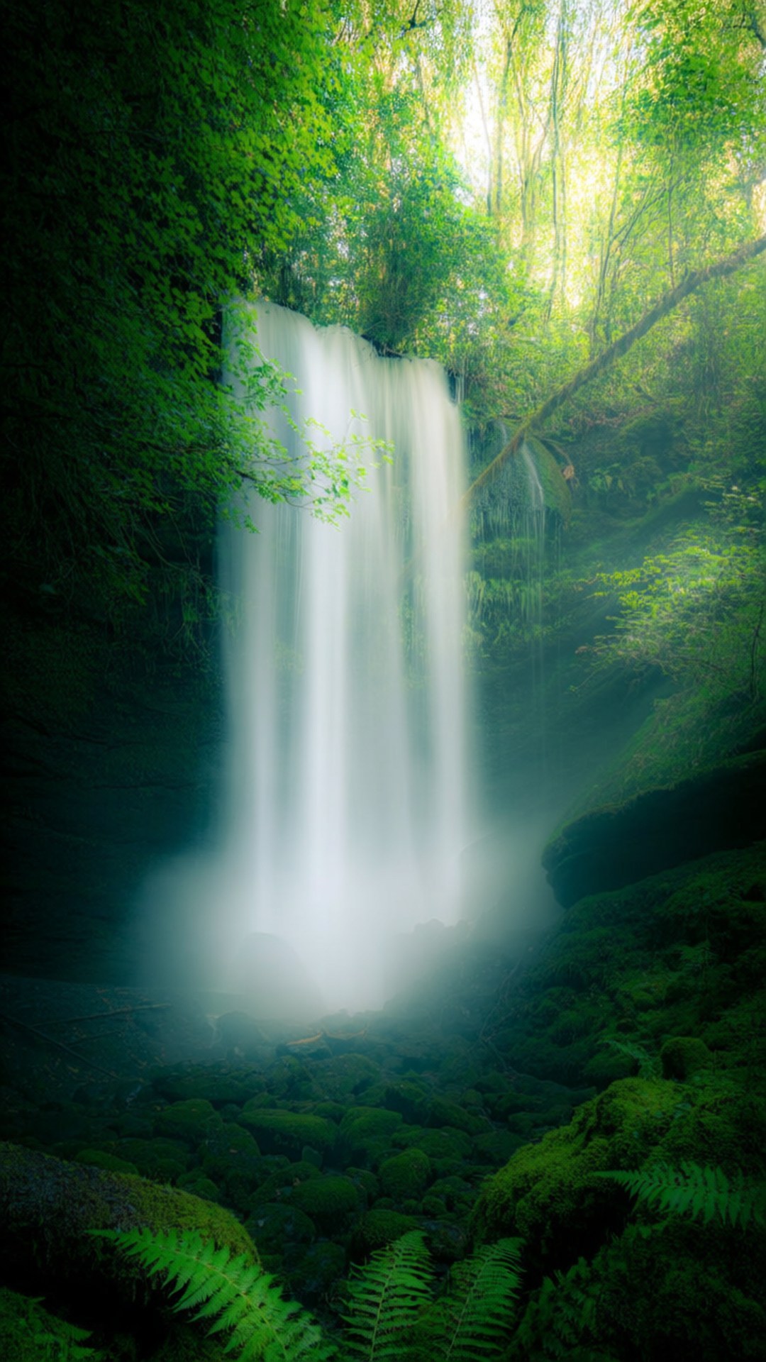 Forest Waterfall Vertical 壁紙 — 一道發光的瀑布穿過茂密的翡翠森林，陽光透過樹冠灑落。