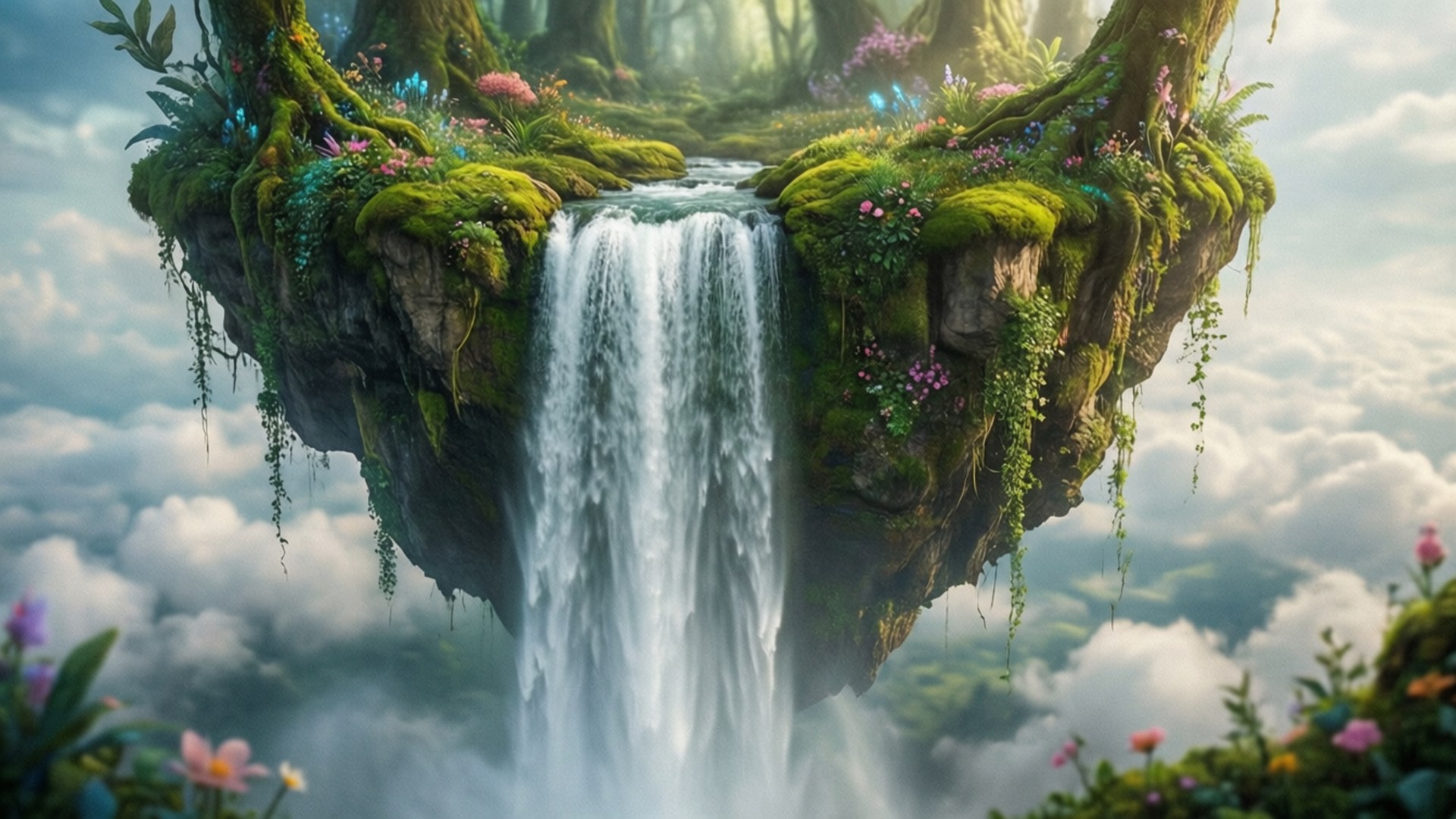 Waterfall Floating Island 壁紙 — 一個茂密的浮島，有瀑布傾瀉而下，鮮花盛開，懸掛在神秘森林的蓬鬆雲層之上。