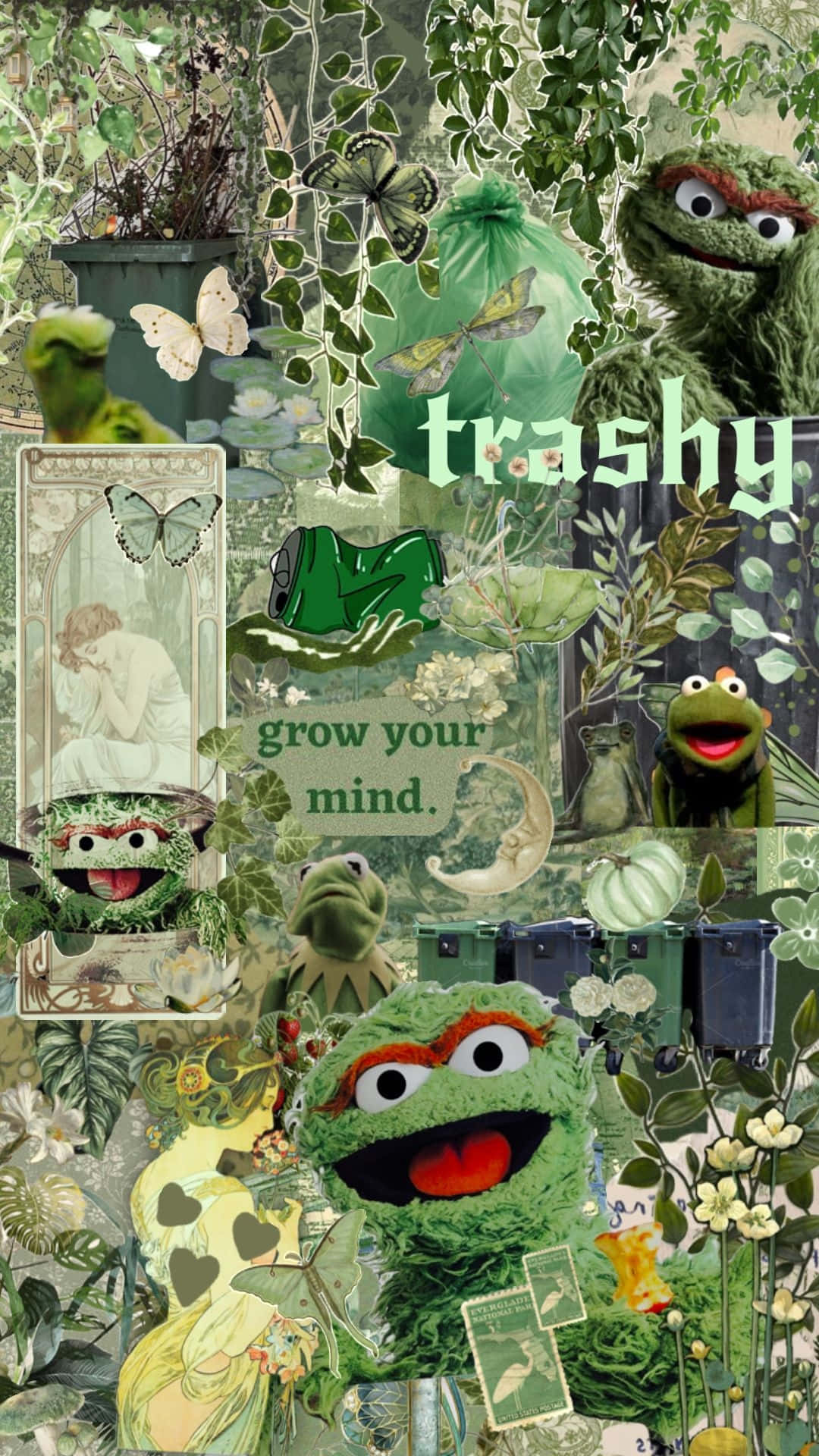  壁紙 — 一幅茂盛的綠色拼貼畫， featuring Oscar the Grouch 和其他 Muppet 角色，周圍環繞著樹葉、蝴蝶和復古塔羅牌。