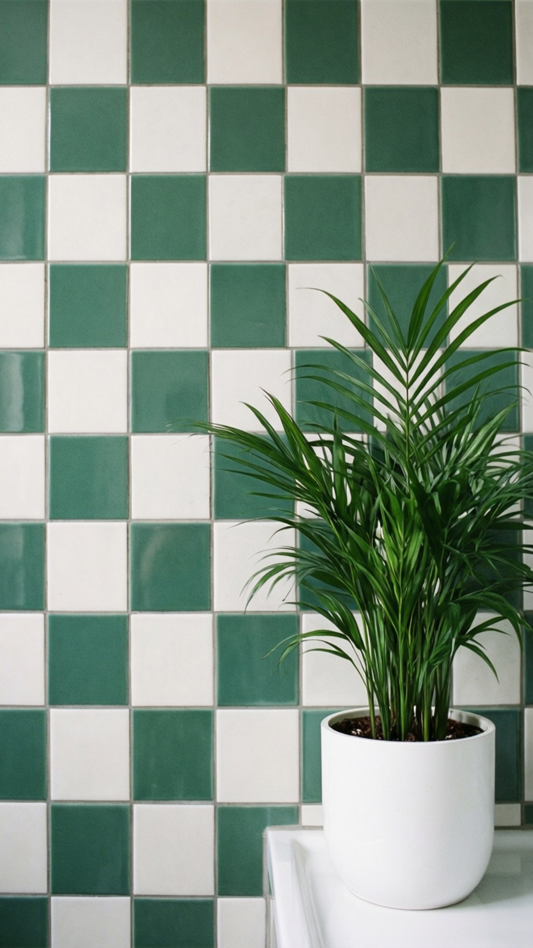 Checkered Bathroom Plant 壁紙 — 一盆茂盛的綠色盆栽放在白色表面上，背景是醒目的綠色和白色格子瓷磚牆。
