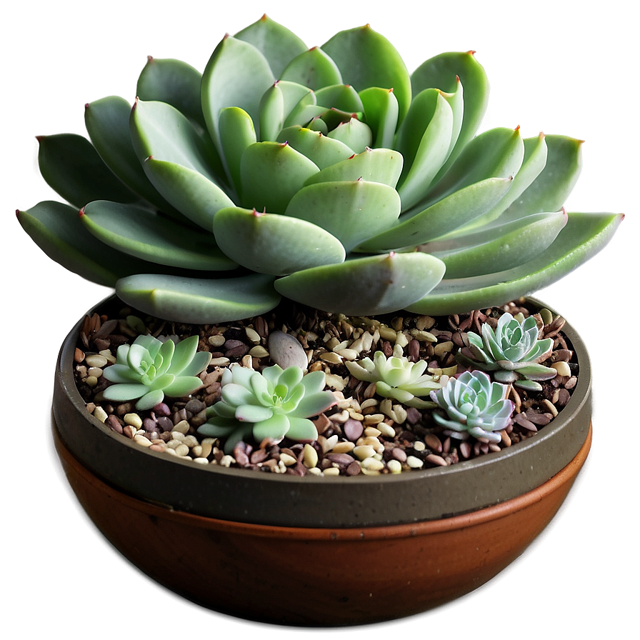 一盆多肉植物，配有小型伴生植物和裝飾性鵝卵石。 — 1366X768 壁紙