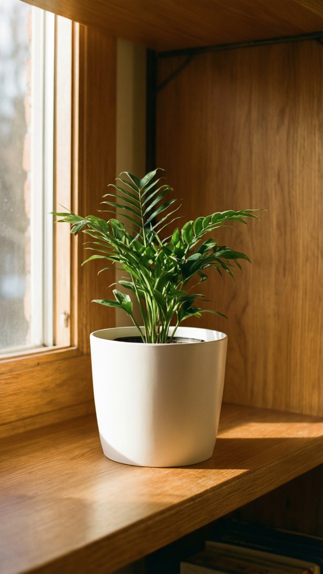 Minimal Plant Shelf 壁紙 — 一盆茂盛的綠色ZZ植物（金錢樹）放在白色花盆中，置於木製窗台上，沐浴在溫暖的陽光下。