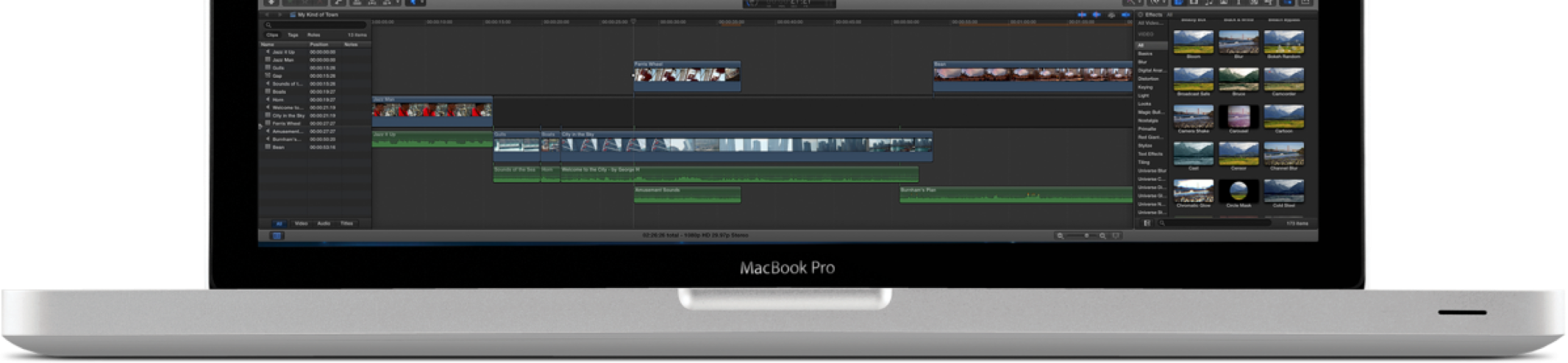 MacBook Pro 顯示帶有時間軸和媒體面板的影片編輯軟體。 — Macbook Pro 壁紙