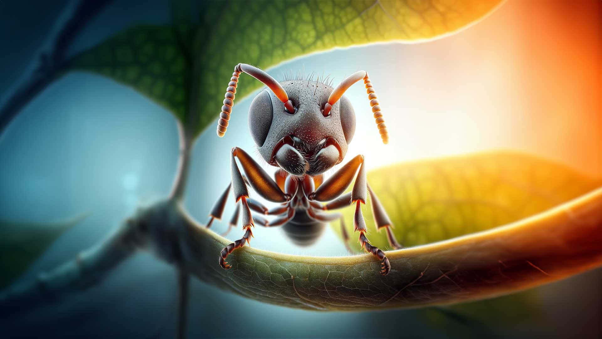  壁紙 — 一隻螞蟻棲息在葉子邊緣的微距鏡頭，溫暖的背光突顯其精細的外骨骼。