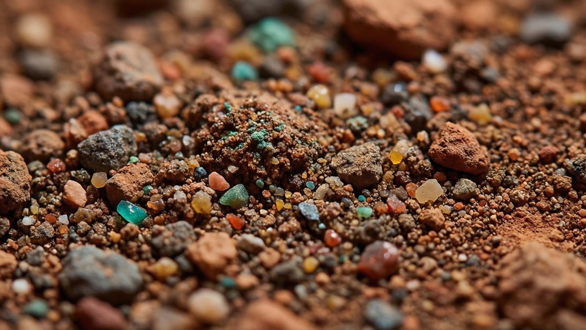Martian Soil Macro 壁紙 — 泥土紅色土壤的微距拍攝，混合了散落的彩色寶石和小卵石。