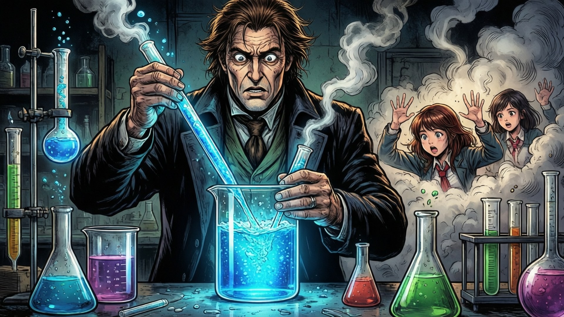 Professor's Creation 壁紙 — 一個瘋狂科學家在雜亂的實驗室中將發光的藍色液體倒入燒杯，導致蒸汽噴發，兩個受驚的女學生在背景中逃跑。
