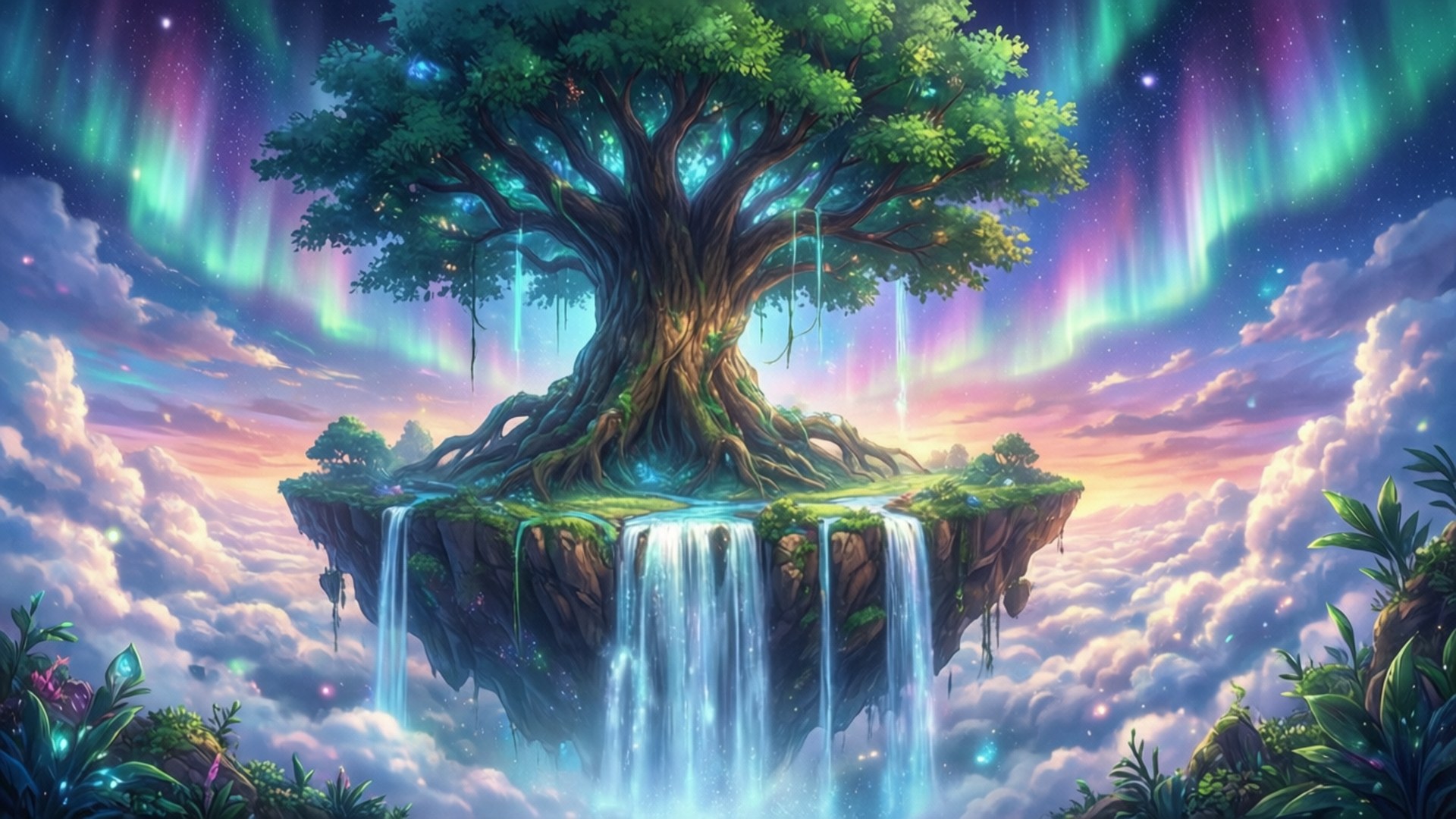 Floating Island Waterfall 壁紙 — 一棵雄偉的古樹生長在浮空島上，瀑布傾瀉入雲層，下方是充滿活力的極光。