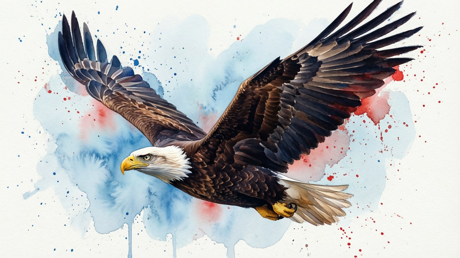 Watercolor Wings 壁紙 — 一隻雄偉的白頭鷹展翅翱翔，背景是充滿活力的藍色和紅色水彩潑濺。