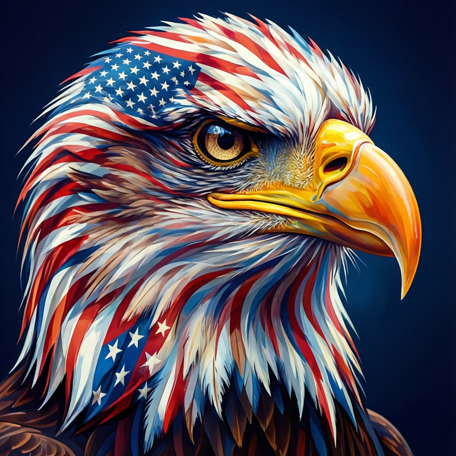 Flag Eagle Mosaic 壁紙 — 一隻雄偉的白頭鷹頭部，羽毛以美國國旗風格設計，背景為深藍色。