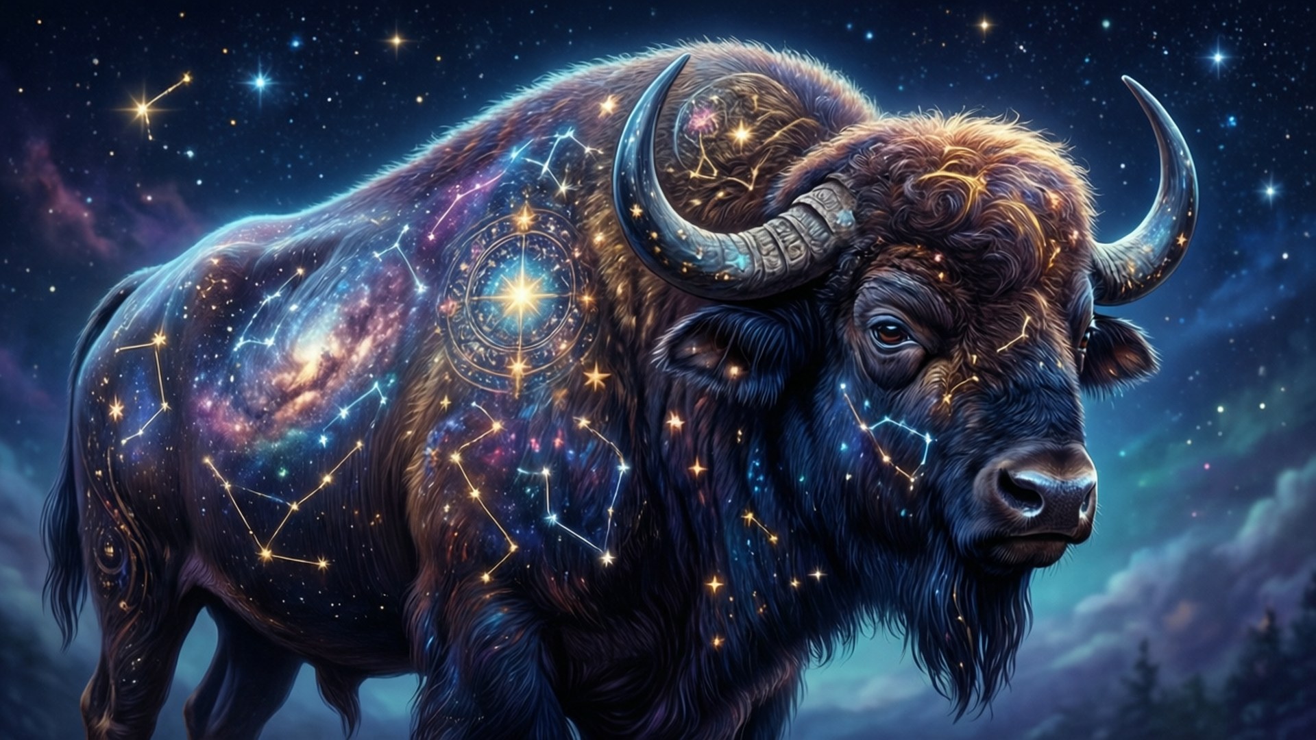 Celestial Buffalo 壁紙 — 一頭雄偉的野牛站在星空下，星座和銀河在其皮毛上閃耀。