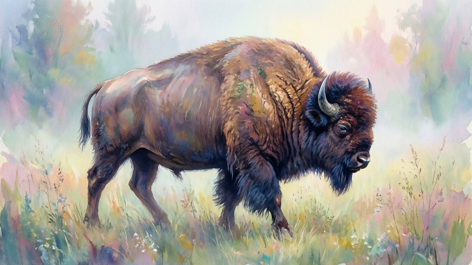 Misty Meadow Buffalo 壁紙 — 一頭雄偉的野牛站在霧氣瀰漫的草地上，柔和的水彩筆觸融合了大地色調和粉彩。