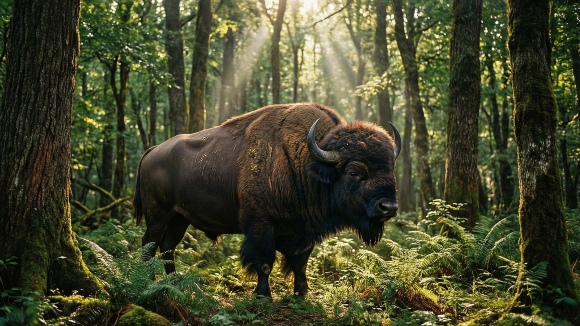 Forest Buffalo 壁紙 — 一頭雄偉的野牛站在陽光明媚的森林中，光線穿過樹冠，蕨類植物覆蓋著長滿苔蘚的地面。