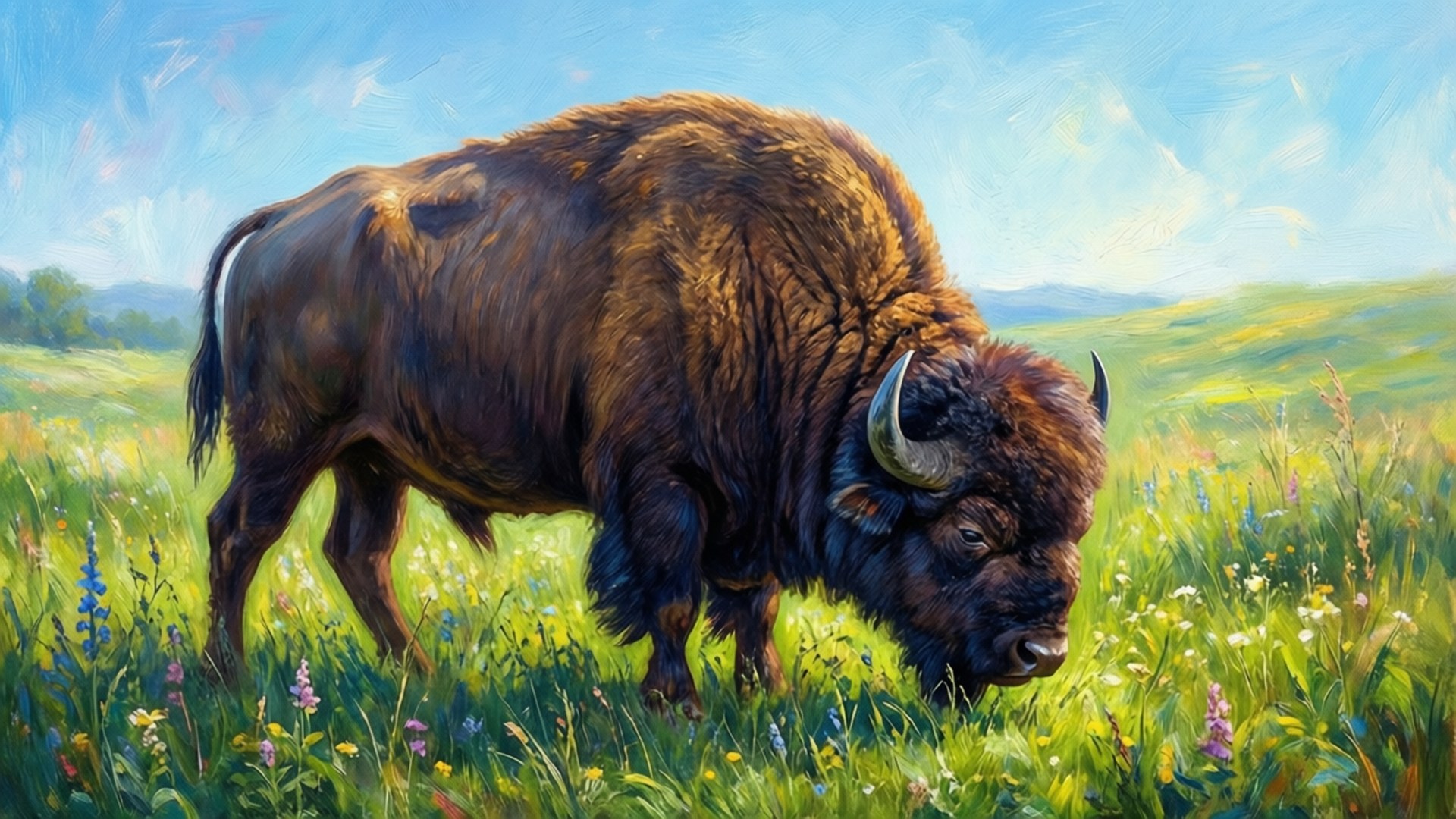 Buffalo in Meadow 壁紙 — 一頭雄偉的野牛，有著濃密的棕色皮毛和彎曲的角，在陽光明媚的草地上吃草，草地上開滿了五顏六色的野花，頭頂是明亮的藍天。