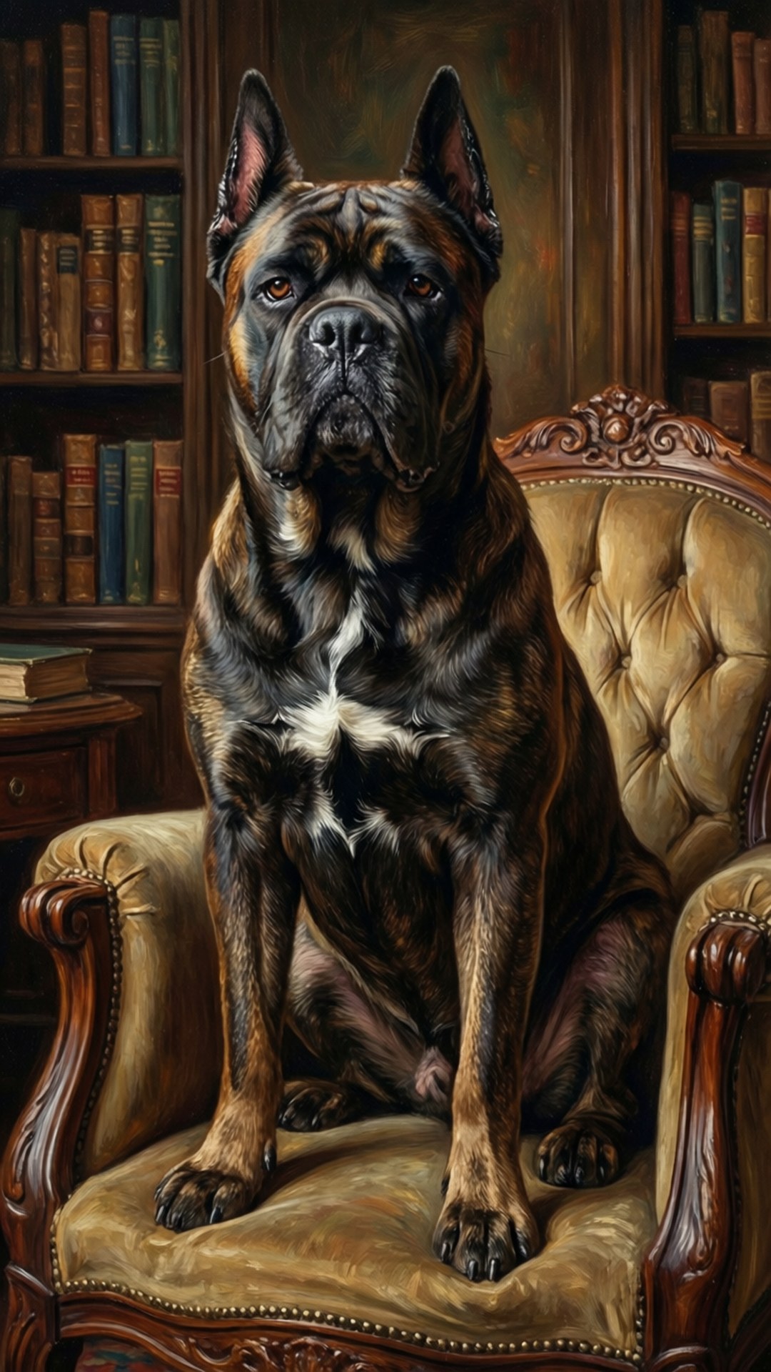 Regal Cane Corso In Armchair 壁紙 — 一隻威風凜凜的黑褐色狗，白色胸部，端坐在金色簇絨扶手椅上，周圍是書架。