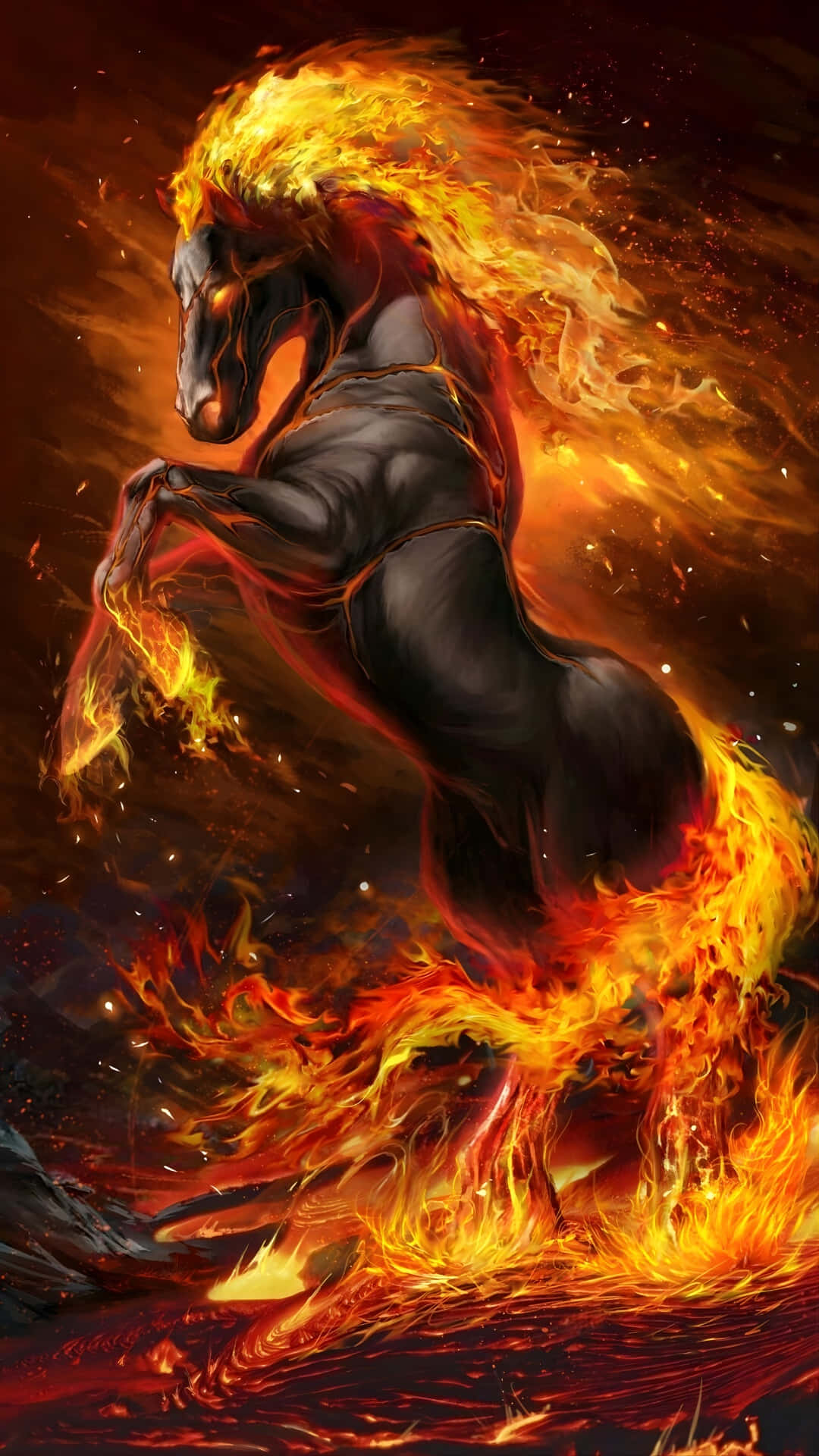  壁紙 — 一匹雄偉的黑馬在烈焰和熔岩中昂首挺立，置身於火海地獄。