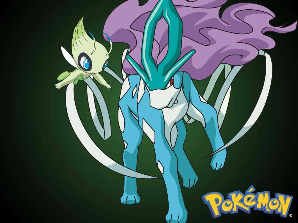 Celebi 桌布 壁紙 — 一隻雄偉的藍白色寶可夢帶有紫色能量漩渦，站在一隻較小的綠色寶可夢旁邊，背景為深色。