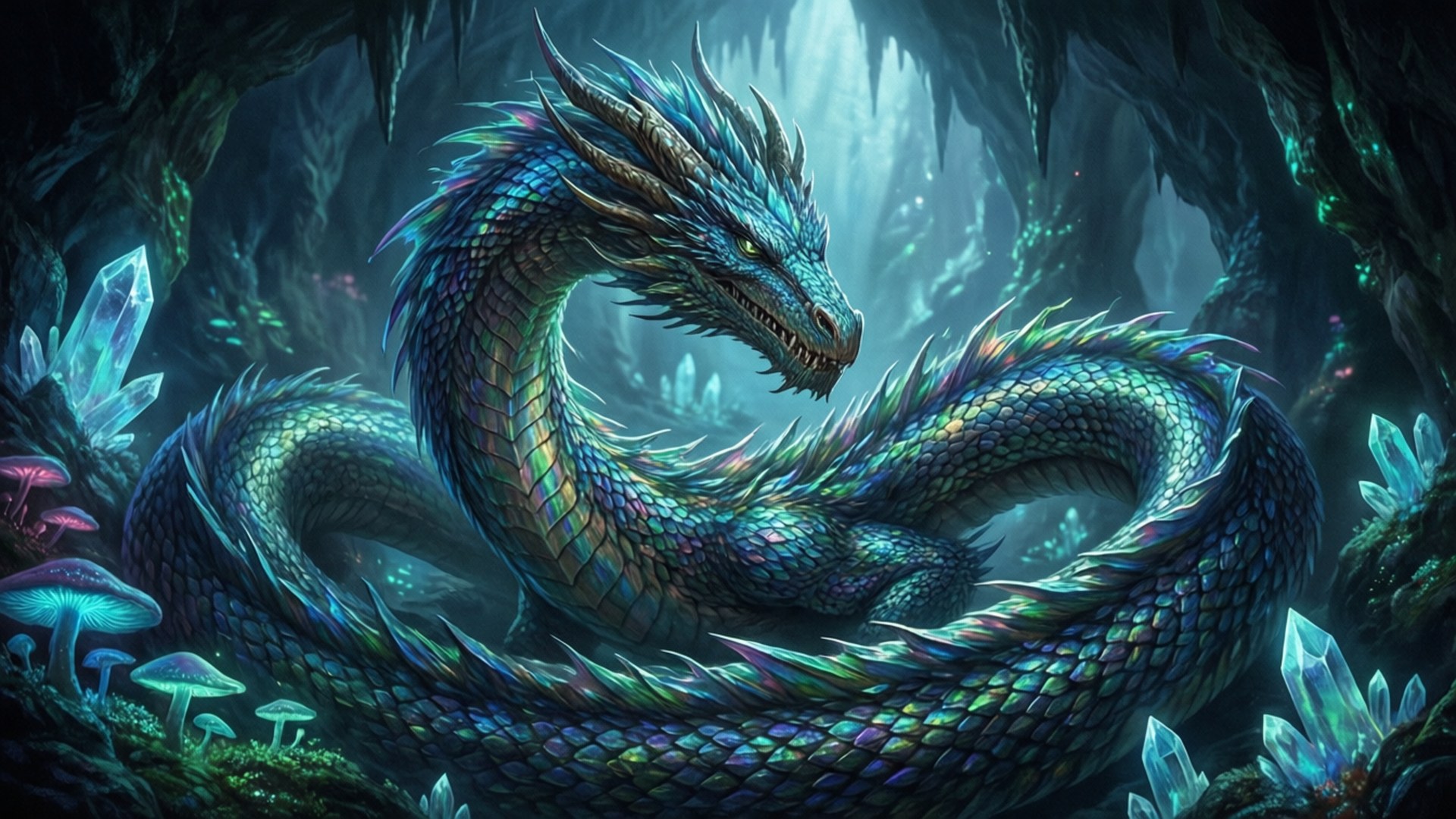 Wyrm 桌布 壁紙 — 一條雄偉的藍龍盤旋在一個神秘的洞穴中，洞穴裡閃爍著生物發光的真菌和閃閃發光的晶體。