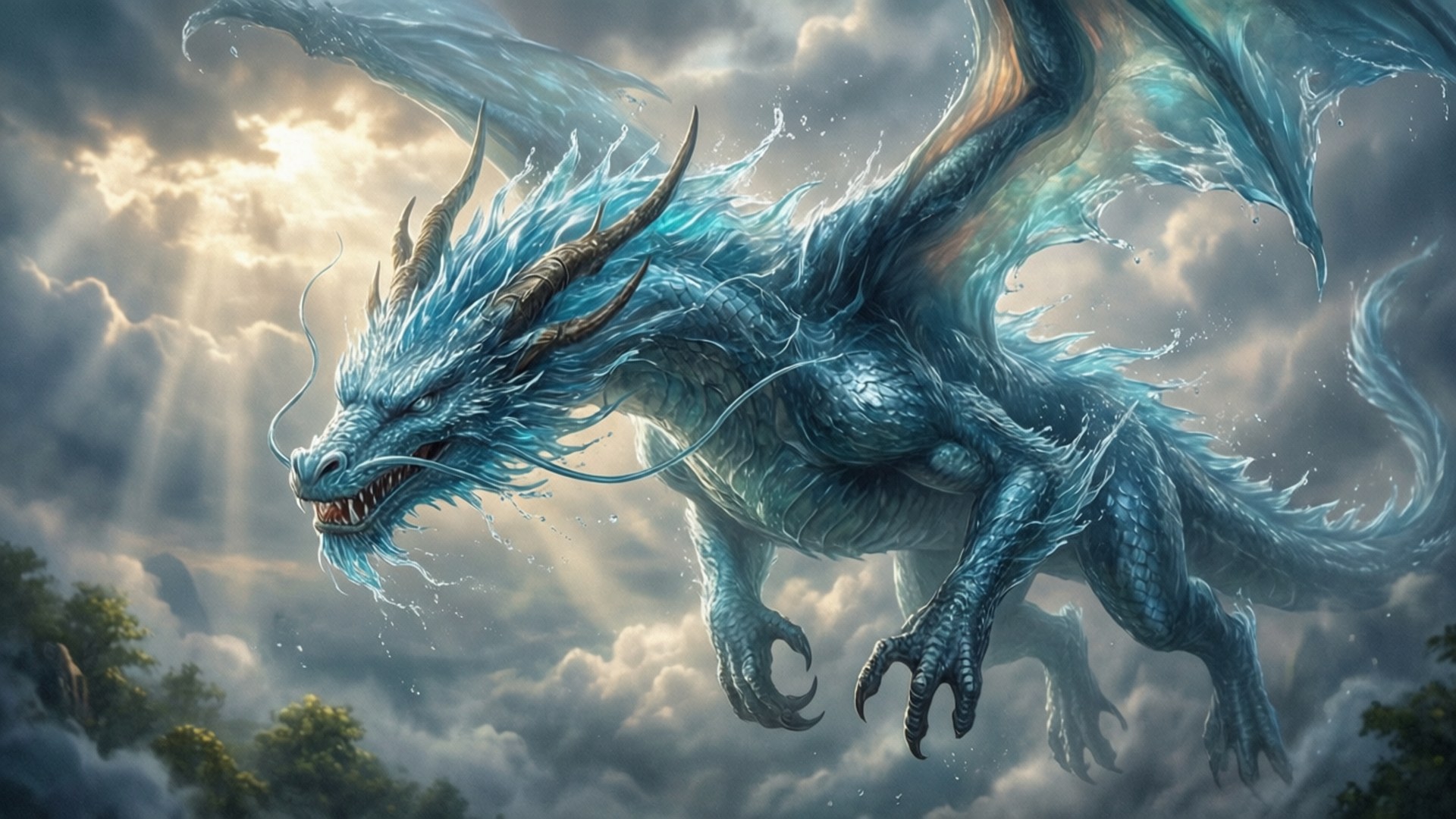 Sisu Dragon Flight 壁紙 — 一隻雄偉的藍色龍，帶有冰霜鱗片，在暴風雲中翱翔，陽光穿透天空。